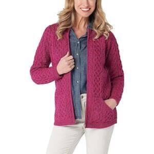 Aran Craft Merino Wool Zip-Front Cardigan Raspberry - Regular